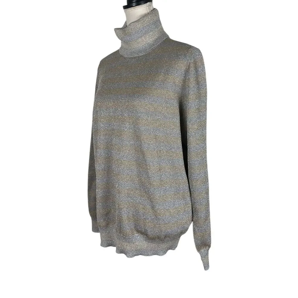 J. Crew Turtleneck Sweater Cotton Metallic Gold Silver Striped Size Large NEW - Picture 6 of 9